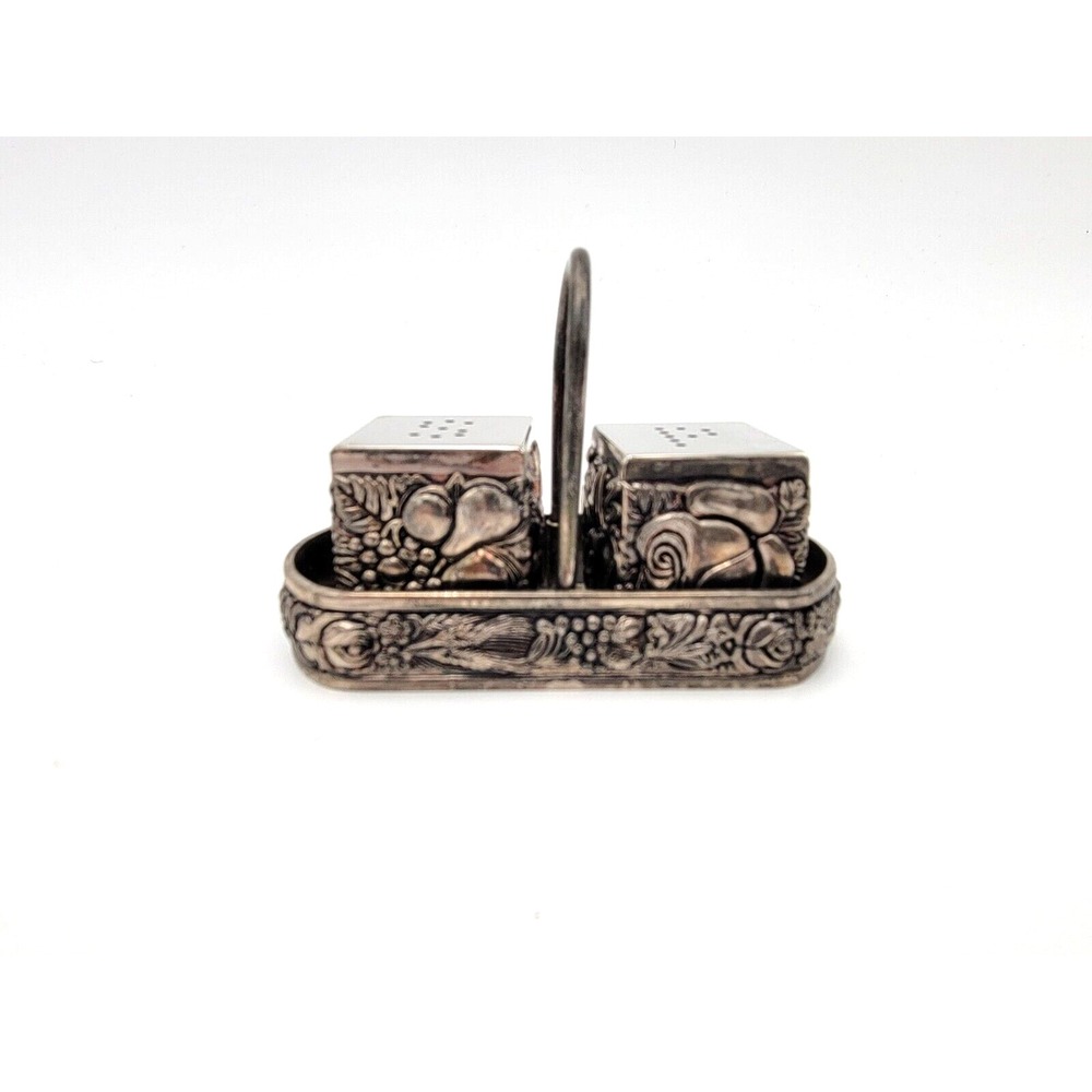 Vintage silver plated salt and pepper shakers cube with tray holder embossed